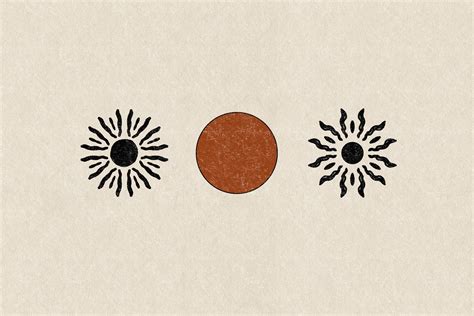 Two Sunflowers And An Orange Circle On A White Background With Black Dots In The Middle