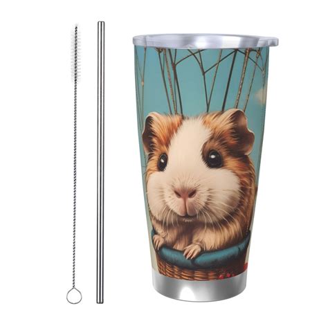 Daiia Hot Air Balloon Guinea Pig Printed Oz Insulated Coffee Cup With Straw Topper Fully