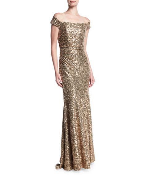 Badgley Mischka Off The Shoulder Sequin Column Evening Gown Gold