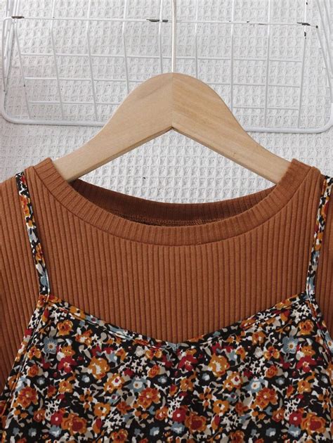 Conjunto De Top De Manga Larga Con Cuello Redondo De Punto Y Vestido