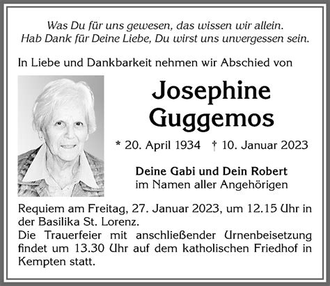 Traueranzeigen von Josephine Guggemos Allgäuer Zeitung