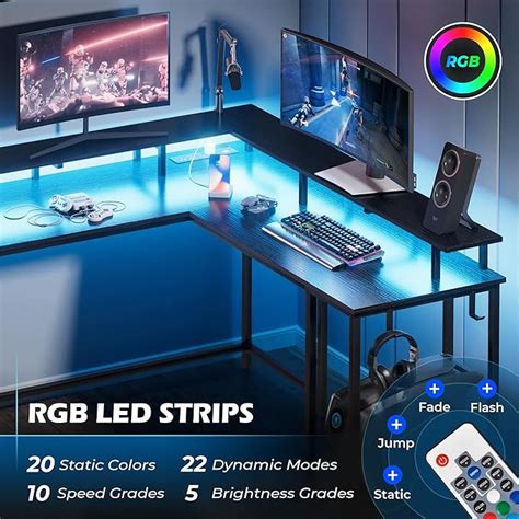 Superjare L Shaped Gaming Desk With Power Outlets And Led Lights