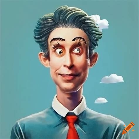 Colorful Humorous Book Illustration Of A Man With Think Clouds In The