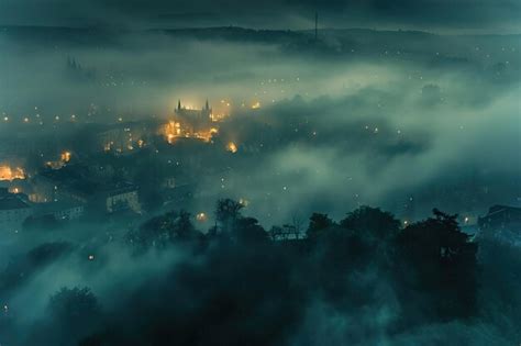 Atmospheric Shot Of Foggy Cityscapes Aerial View Premium Ai Generated