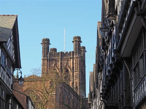 Old Timber Framed Tudor Style Buildings And The Cathedral In St