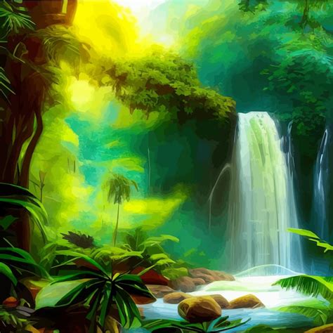 Tropical Botanical Landscape Vector Illustration With Waterfalls And