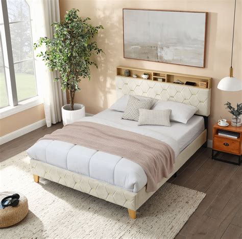 Queen Size Platform Bed Modern Versatile Wood Bed Frame With Outlet