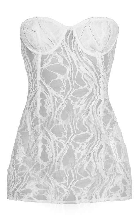 White Lace Diamante Bandeau Bodycon Dress Dresses Prettylittlething Usa