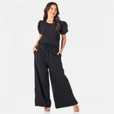 Conjunto Crepe Blusa Manga Bufante E Cal A Pantalona Casual Compre