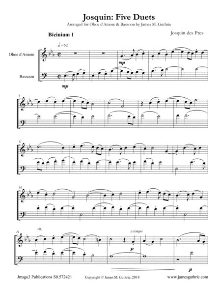 Josquin Five Duets For Oboe D Amore Bassoon Sheet Music Josquin