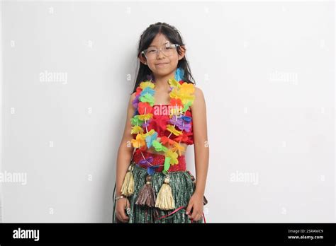 Year Old Latina Brunette Girl With Glasses And Hawaiian Skirt Enjoys Dancing And Does Hawaii