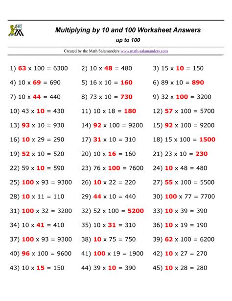 Multiplying By 10 And 100 Worksheets