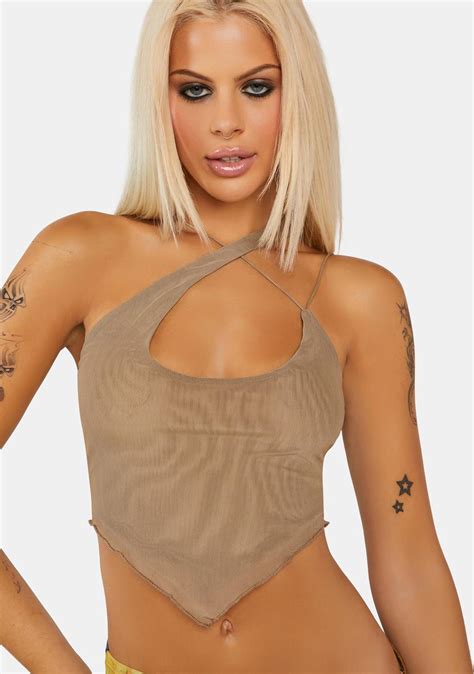 Mesh Asymmetrical Halter Crop Top Light Brown Dolls Kill