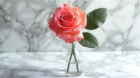 Premium Photo Single Pink Rose In A Glass Vase On Marble Background