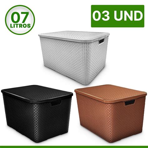 Kit 3 Caixa Organizadora Cesto Rattan Preto Branco Marrom 7 Litros