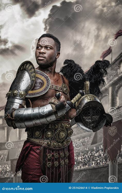 Glorious Roman Gladiator Of African Ethnic With Two Swords Stock Photo