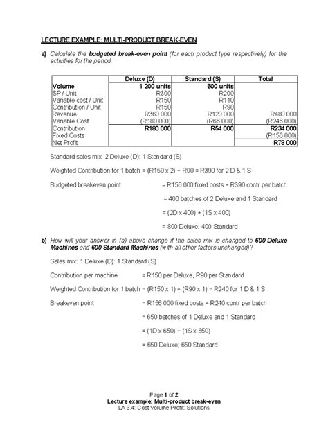 Multiple Product Breakeven Point Cvp Page Of Lecture Example