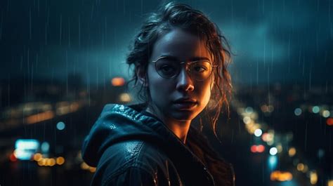 Premium Ai Image A Woman In Glasses Stands In Front Of A Cityscape