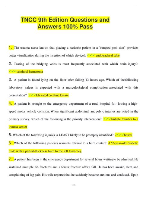 TNCC 9th Edition Questions And Answers 100 Pass Latest 2023 24