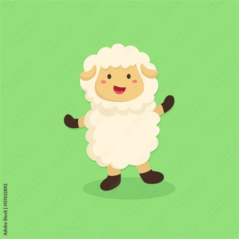 Vector Illustration Of Cute Sheep Cartoon Character Standing In Green