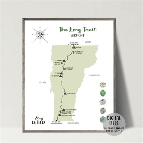 The Long Trail Map | Long Trail Hiking Trail Map | Gift For Hiker ...