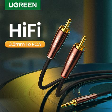 UGREEN สายเคเบล RCA 2RCA ถง 3 5 มม Hi Fi ไนลอนถก RCA ถง AUX สาย