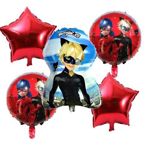 5 Pcs Miraculous Ladybug Foil Balloons Inflatable Toys Cute Ladybug