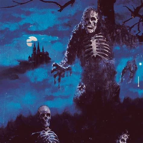 A Painting Of A Skeleton Standing In Front Of A Graveyard