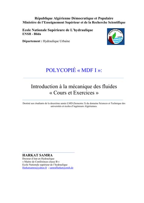 Pdf Polycopi De Cours Introduction La M Canique Des Fluides