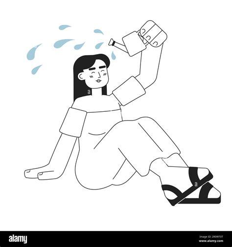 Attractive Happy Brunette Woman Watering Herself Monochromatic Flat