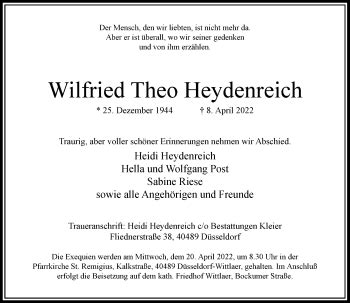 Alle Traueranzeigen F R Wilfried Theo Heydenreich Trauer Rp Online De