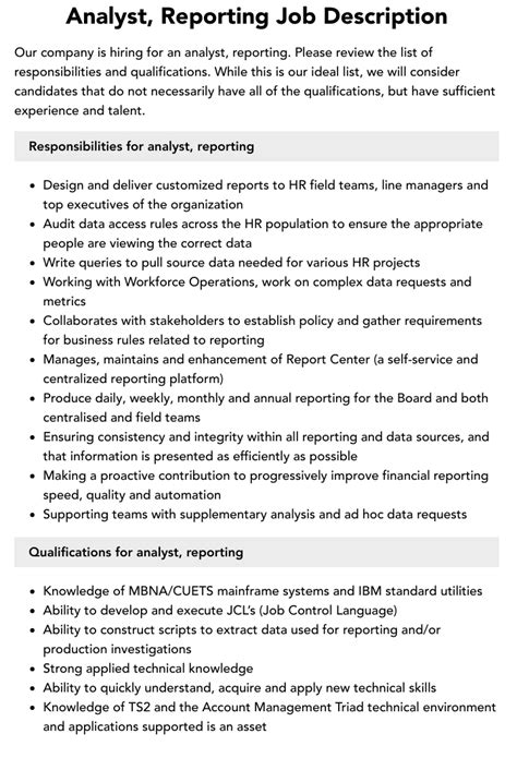 Analyst Reporting Job Description Velvet Jobs