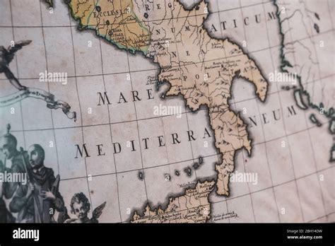 Ancient map of the Mediterranean Sea of Italy. Ancient Latin language ...