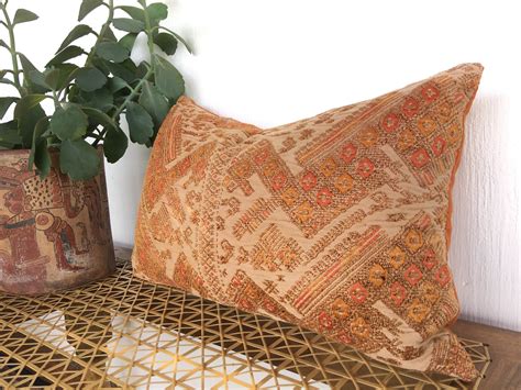 Vintage Boho Bohemian Lumbar Pillow Orange Textured Brocade