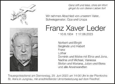 Traueranzeigen Von Franz Xaver Leder Schwaebische De Trauerportal