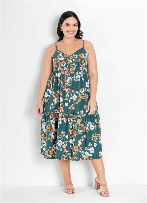 Vestido Floral Verde De Alças Plus Size Marguerite