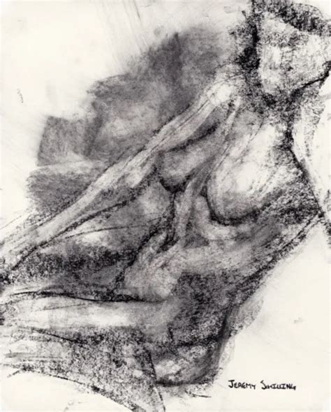 Nude Female Original Charcoal Drawing Naked Woman Sitting Legs Bend On