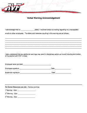 Fillable Online Verbal Warning Acknowledgement Fax Email Print Pdffiller