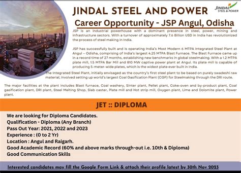 Jindal Steel And Power Job Vacancy For Freshers Diploma Any Branch