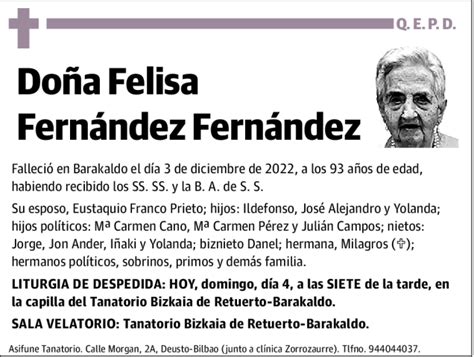 Felisa Fern Ndez Fern Ndez Esquela Necrol Gica El Correo