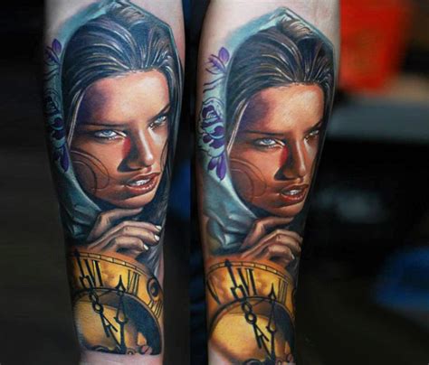 Woman With Clocks Tattoo By Sergey Shanko Girl Face Tattoo Clock