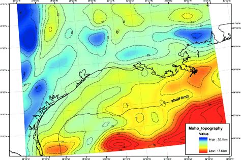 -Moho depth map in kilometres below sea-floor. -Carte de la profondeur ...