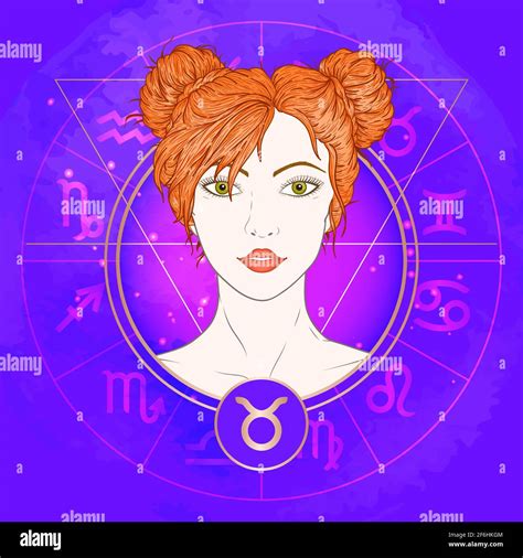 Vector Ilustraci N De Signo Zodiaco Tauro Y Retrato Hermosa Ni A Sobre