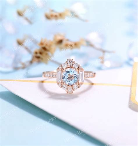 Vintage Aquamarine Engagement Ring Rose Gold Women Art Deco - Etsy