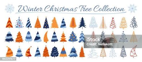 Christmas Tree Cartoon Set New Years Traditional Symbol Pines Design Greeting Card Doodle Vector