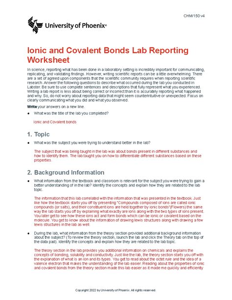 Chm150 V4 Wk4 Ionic And Covalent Bonds Lab Report Observational CHM