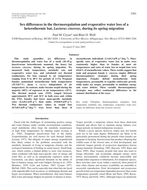 Pdf Sex Differences In The Thermoregulation And Evaporative Water