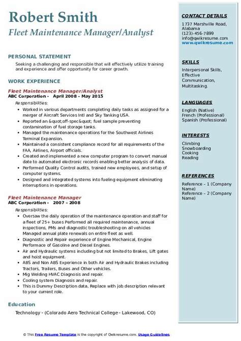 Fleet Maintenance Manager Resume Samples Qwikresume