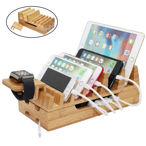 Bamboo Wood Charging Station, Docking Stations Organizer Stand for Multiple Devices Charge for ...