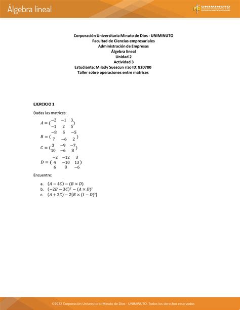 Uni2 Act3 Taller Operaciones Entre Matrices Corporación Universitaria